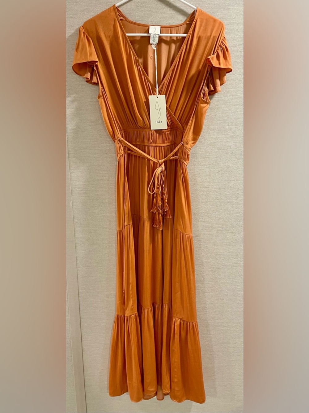 Joie Orange Boho Midi Dress Tassel Tie Waist Size M